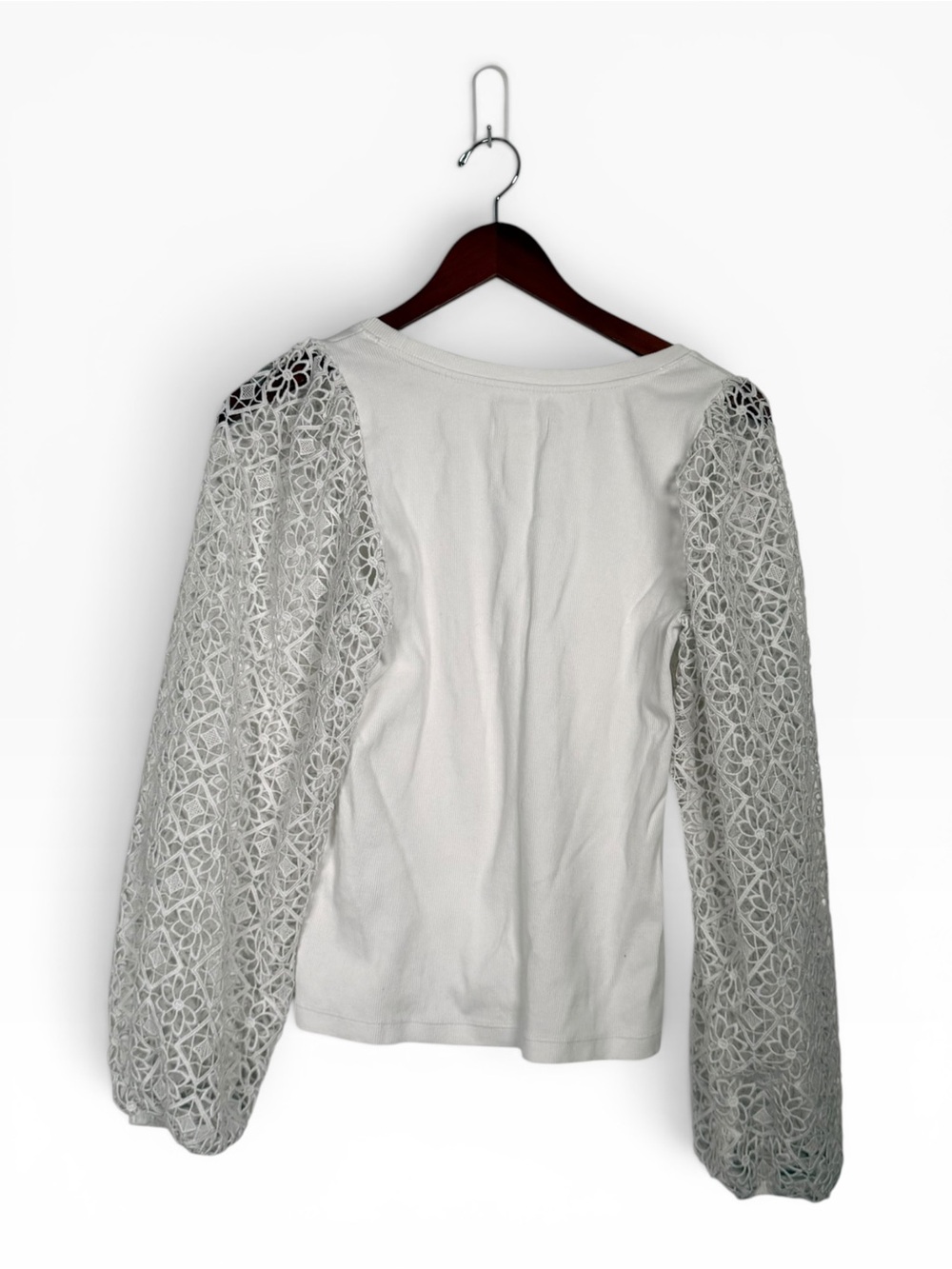 Anthropologie Maeve Lace Sleeve Top White Rib Knit Scoop Neck Women Small Shirt - Picture 9 of 9